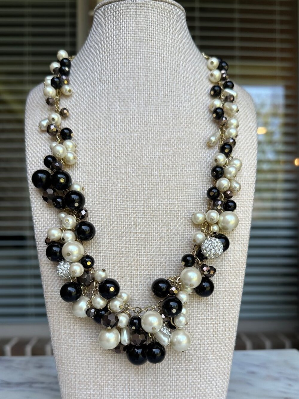 Talbots Beaded Bauble Chunky Necklace Beads in Black Ivory Silver Pave
